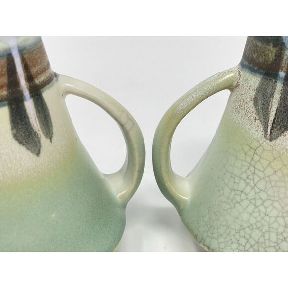 Vintage Made In Japan Double Handled Ceramic Vases Montacello 5” Green Set Of 2 - Picture 6 of 10